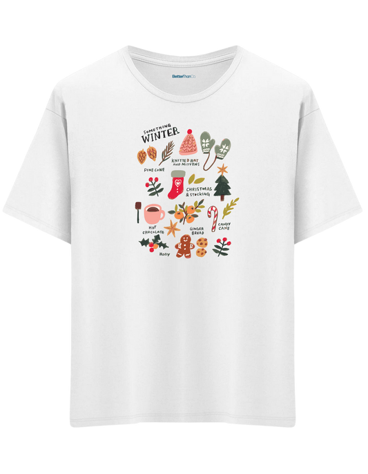 Winter Baskılı Bisiklet Yaka Oversize T-shirt