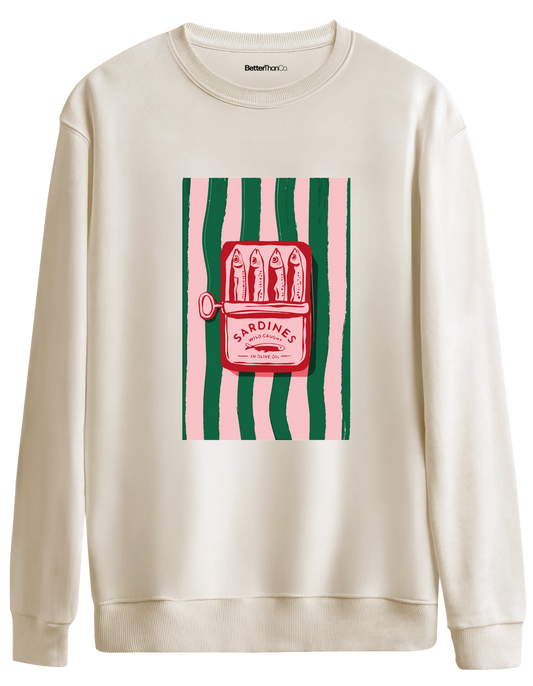 Sardines Baskılı Bisiklet Yaka Oversize Sweatshirt