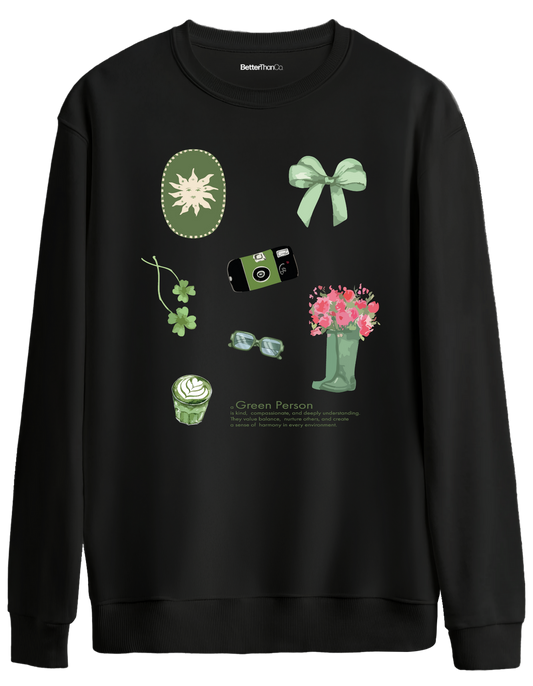 Green Person Baskılı Bisiklet Yaka Oversize Sweatshirt