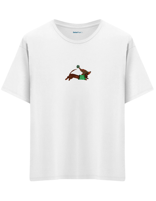 Santa Sausage Dog Baskılı Bisiklet Yaka Oversize T-shirt