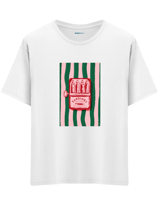 Sardines Baskılı Bisiklet Yaka Oversize T-shirt