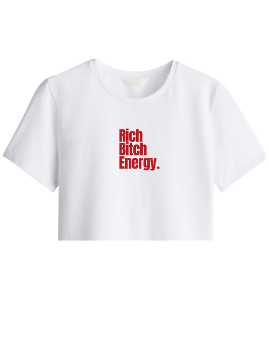 Rich Bitch Energy Baskılı Bisiklet Yaka Crop T-shirt