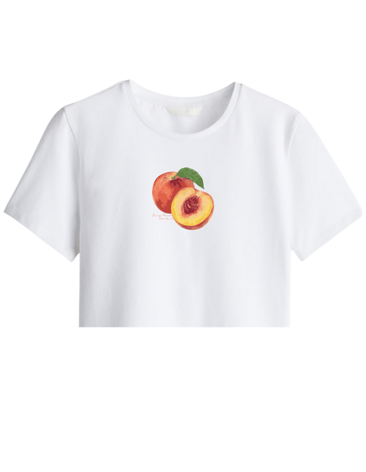 Peach Baskılı Bisiklet Yaka Crop T-shirt