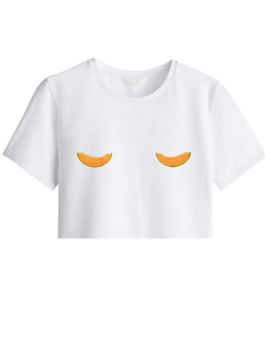 Melon Baskılı Bisiklet Yaka Crop T-shirt