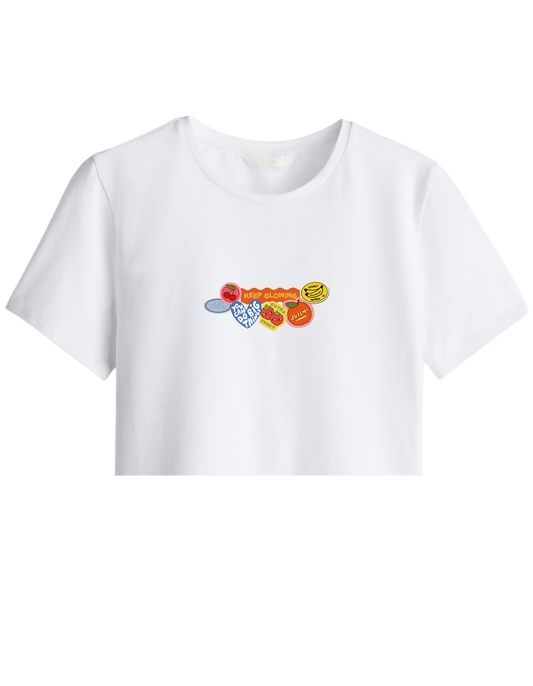 Fruits Baskılı Bisiklet Yaka Crop T-shirt