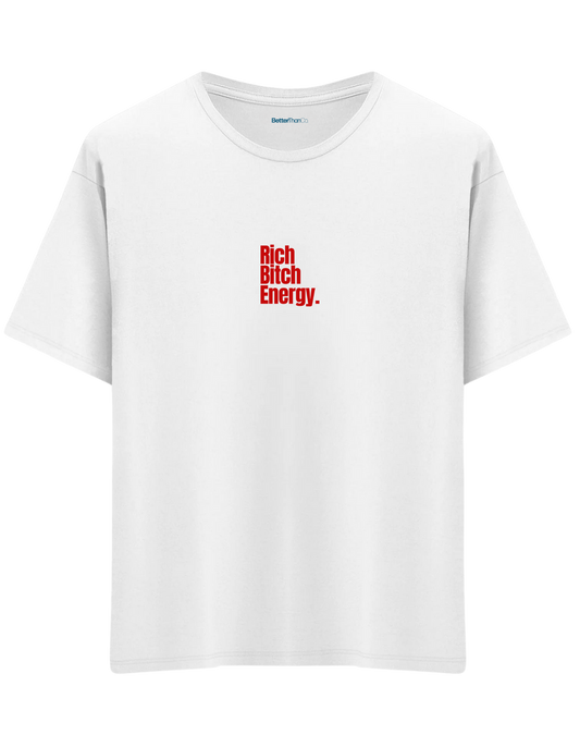 Rich Bitch Energy Baskılı Bisiklet Yaka Oversize T-shirt