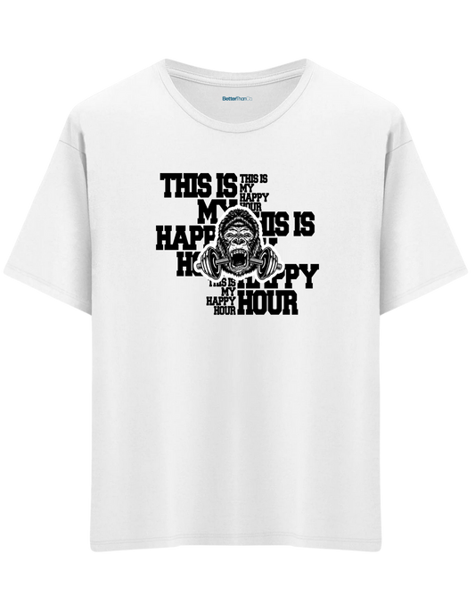 Happy Hour Baskılı Bisiklet Yaka Oversize T-shirt