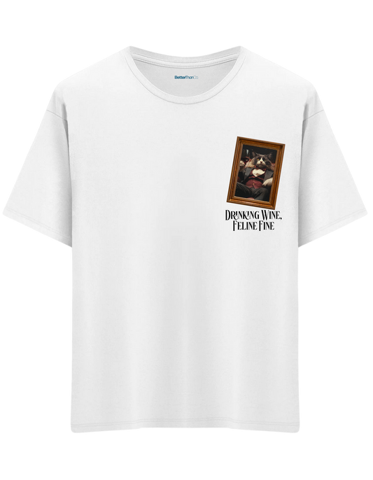 Feline Fine Baskılı Bisiklet Yaka Oversize T-shirt