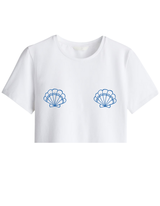 Shells Baskılı Bisiklet Yaka Crop T-shirt