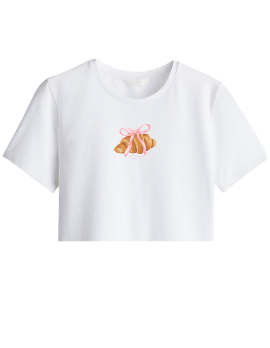 Kruvasan Baskılı Bisiklet Yaka Crop T-shirt