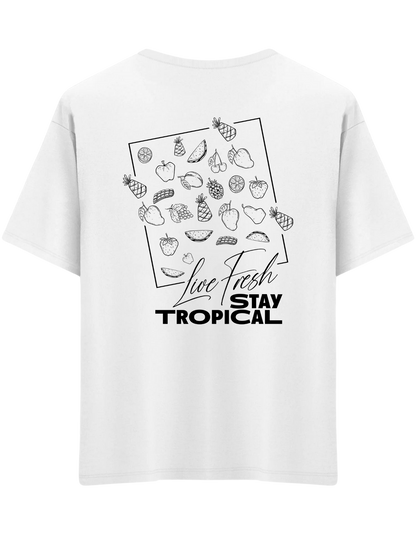 Tropical Baskılı Bisiklet Yaka Oversize T-shirt