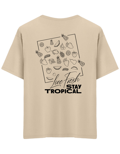 Tropical Baskılı Bisiklet Yaka Oversize T-shirt