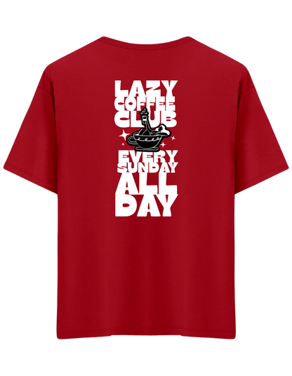 Lazy Coffee Club Baskılı Bisiklet Yaka Oversize T-shirt