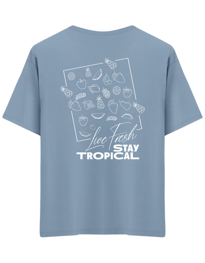 Tropical Baskılı Bisiklet Yaka Oversize T-shirt