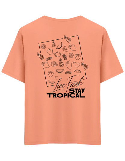 Tropical Baskılı Bisiklet Yaka Oversize T-shirt
