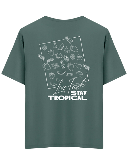 Tropical Baskılı Bisiklet Yaka Oversize T-shirt